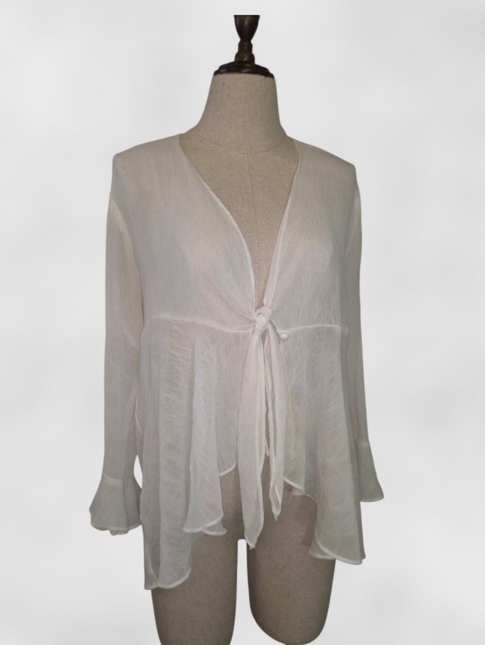 Vintage 1990s Sheer Long-Sleeve White Chiffon Tied Front Blouse MINE Collection